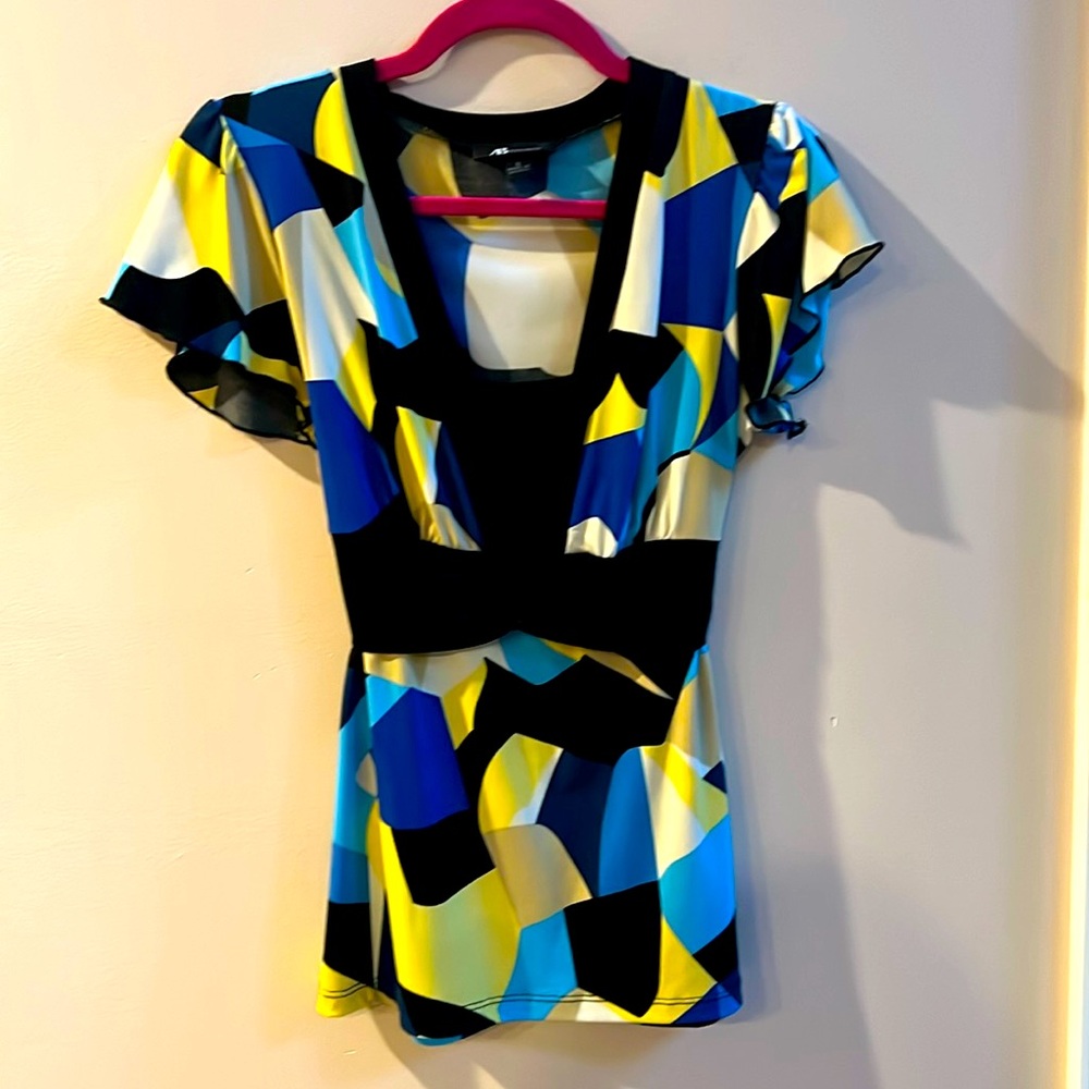 AB Studios Size Small Cap Sleeve Blouse with tie Waist Yellow/Black/Blue/Cream - Picture 1 of 5